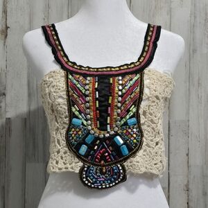 Signature 8 Embellished Beaded Boho Festival Crochet Crop Top Size Small